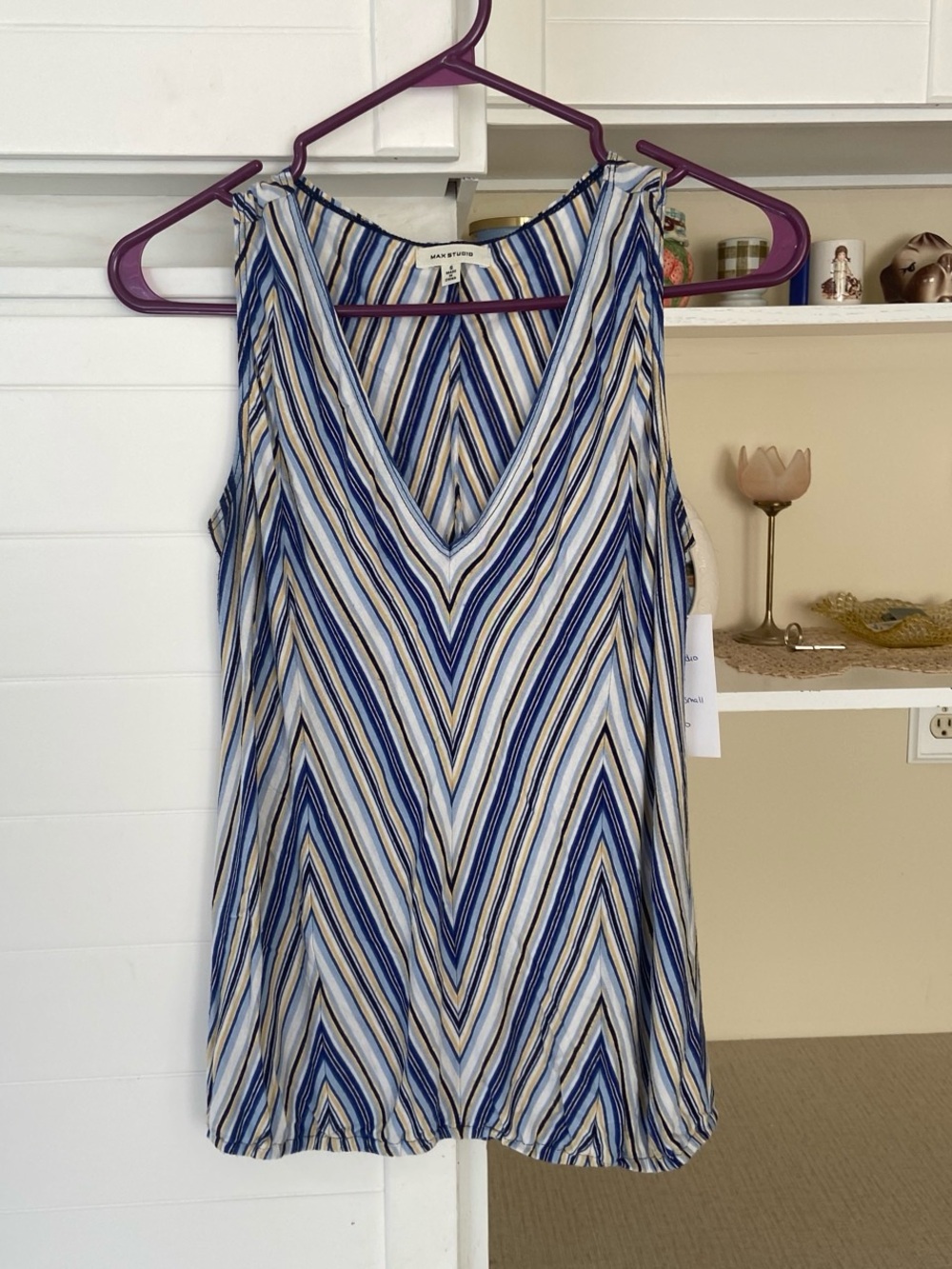 Blue, white, and yellow chevron print tank top